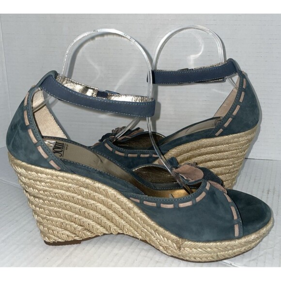 Sofft Sandals Women’s 10M Blue Espadrille Wedge Suede High Heel‎ Floral Shoes - Picture 8 of 13